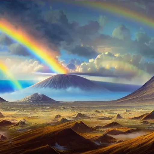 Image similar to a detailed matte painting of noah's ark landing on mount ararat, double rainbow in a clear blue sky, art by dan mumford and yusuke murata and makoto shinkai and ross tran, cosmic, heavenly, god rays, intricate detail, cinematic, 8 k, cel shaded, unreal engine, featured on artstation, pixiv