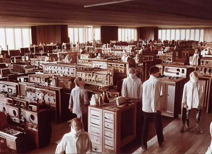Prompt: realistic photo of the people wearing wooden masks, white fluffy cotton shorts, polished and fancy, standing in the wooden room full of wooden computers. displays are shiny, michelangelo antonioni film move still 1 9 9 0, life magazine reportage photo