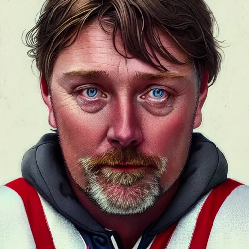 Image similar to beautiful portrait of patrick roy as a hockey coach, fantasy, intricate, elegant, highly detailed, digital painting, artstation, concept art, smooth, sharp focus, luxury fashion illustration, art by artgerm and greg rutkowski and alphonse mucha, brightly lit cinematic soft lighting, photorealistic