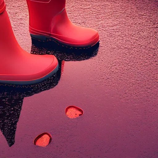 Image similar to digital art of a baby pig wearing red rainboots in a puddle, 8 k render, octane render, saturated