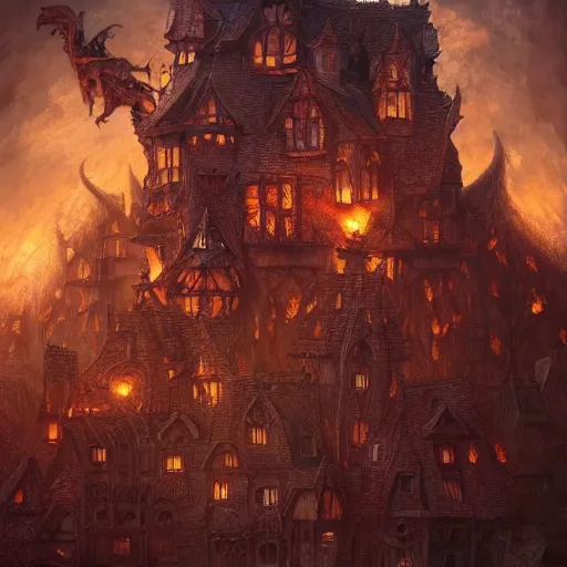 Prompt: Goblins burning an orphanage, cinematic, intricate, elegant, highly detailed, digital painting, artstation, concept art, smooth, sharp, focus, illustration, art by artgerm and Johfra Bosschart