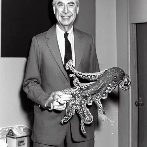 Prompt: mr. rogers proudly displaying his mr. rogers made of octopus, color production backstage photo