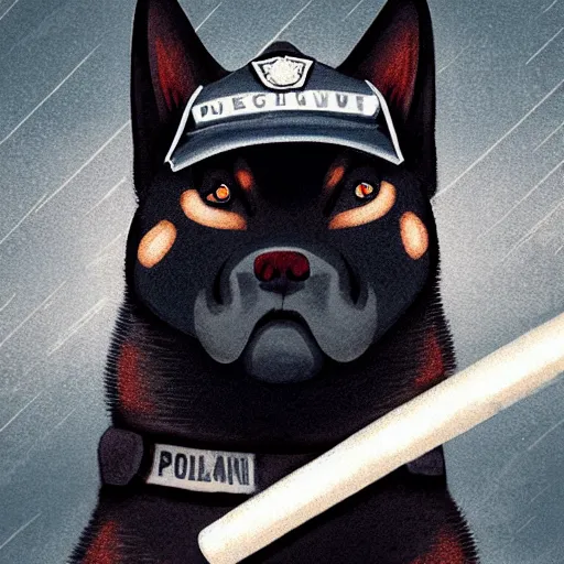 Image similar to shiba inu wearing a police uniform, holding a baseball bat, character design, highly detailed digital art, atmosphere, glow, lens flare, cinematic lightning, hyperrealistic, focused, extreme details, 4 k, ultra detailed, trending on artstation, masterpiece, digital art.