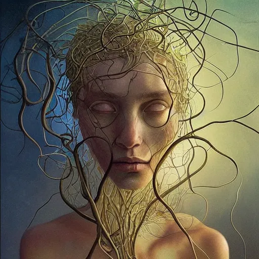 Image similar to very detailed portrait of a 2 0 years old girl surrounded by tentacles, the youg woman visage is blooming from fractal and vines, painted by esao andrews and karol bak and zdzislaw beksinski and zdzisław beksinski