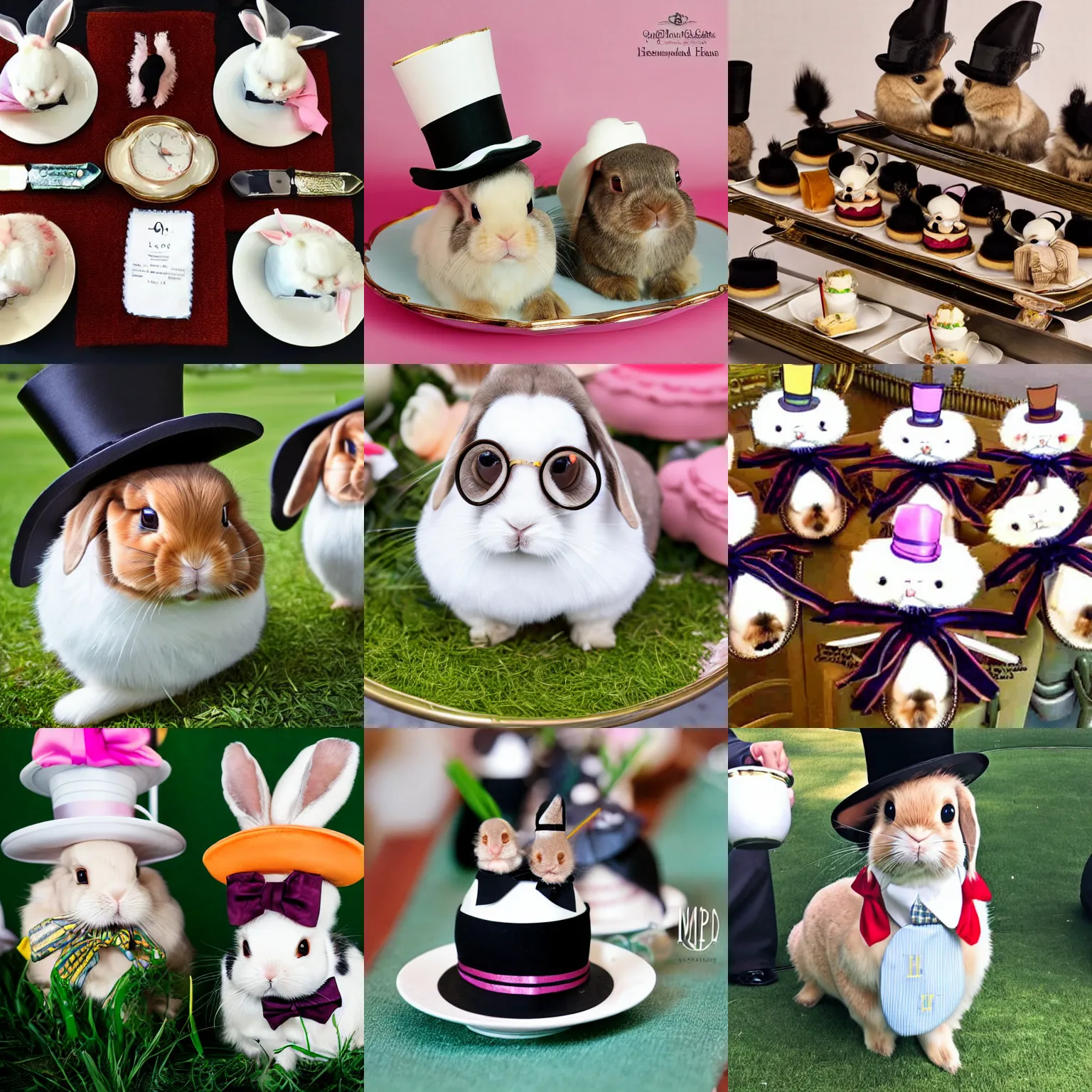 Prompt: holland lop bunnies wearing bespoke suits, monocles, and top hats, attending high tea, petit fours, tea sandwiches