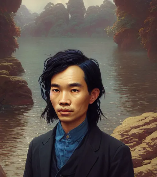 Image similar to highly detailed portrait of a young ho chi minh with long hairs, unreal engine, fantasy art by greg rutkowski, loish, rhads, ferdinand knab, makoto shinkai and lois van baarle, ilya kuvshinov, rossdraws, tom bagshaw, alphonse mucha, global illumination, radiant light, detailed and intricate environment