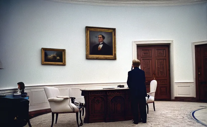 Image similar to cinestill 5 0 d candid photographic portrait by helen levitt of a dolphin being president in the oval office moody emotional cinematic, white pale concrete city, dust storm, 8 k, hd, high resolution, 3 5 mm, f / 3 2, ultra realistic faces, ex machina