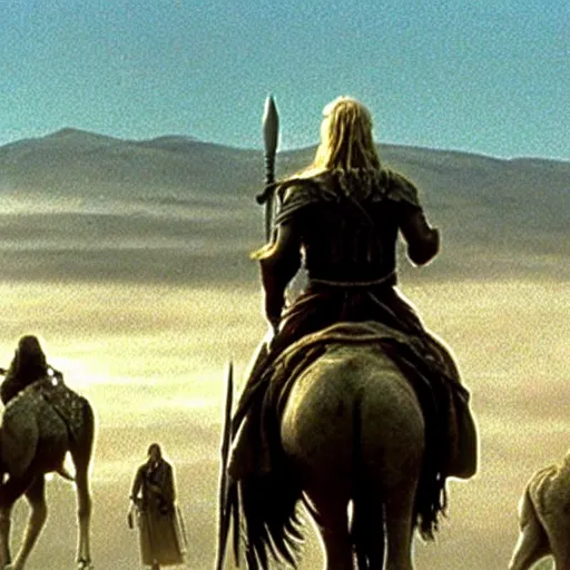 Image similar to still from lord of the rings showing the ride of the rohirrim, riding toward minas tirith on camels