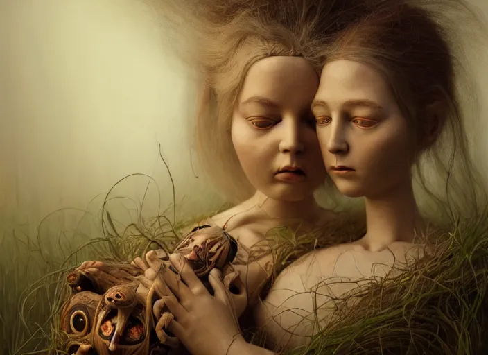 Image similar to a cinematic portrait of a beautiful female jointed handmade wooden doll, holding each other, abandoned, surrounded by big moths and withered lilies, by james c. christensen, by tomasz alen kopera, by raphael, 8 k, rendered in octane, cinematic, 3 d, volumetric lighting, highly detailed