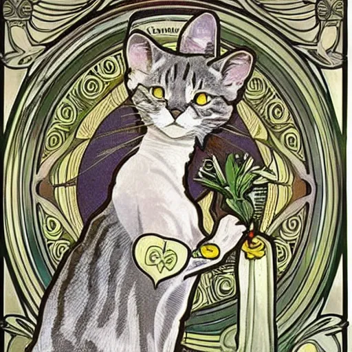 Image similar to gray tabby cat highly detailed in the style of Alphonse Mucha