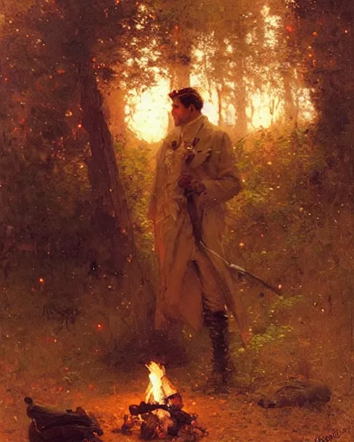 Image similar to very very attractive man counts the stars at night from beside the fire, his tent is nearby, melancholy, nostalgia, painting by gaston bussiere, craig mullins, j. c. leyendecker