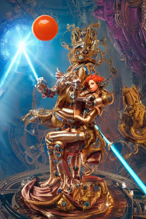 Image similar to full-body rococo and cyberpunk style sculpture of a young handsome Spanish prince half android with a chest exposing a glowing orange gem, glowing pink laser eyes, crown of blue gears and giant diamonds, swirling salmon-colored silk fabric, robotic raptors dinosaurs. baroque elements. full-length view. intricate artwork by caravaggio. Trending on artstation, octane render, cinematic lighting from the right, hyper realism, octane render, 8k, depth of field, 3D