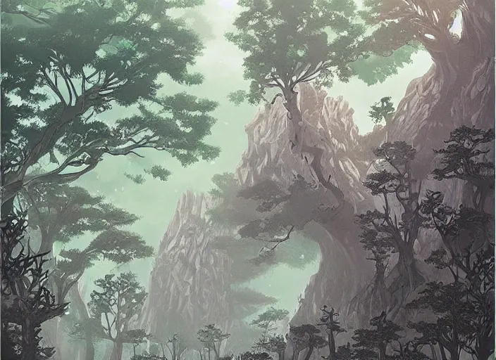 Image similar to a great village high in the trees, fantasy landscape, foggy, art by studio ghibli