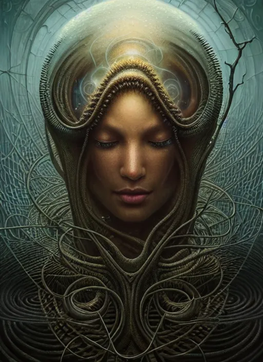 Prompt: closeup portrait shot of a meditation in lovecraftian world in a scenic dystopian environment, intricate, elegant, highly detailed, centered, digital painting, artstation, concept art, smooth, sharp focus, illustration, artgerm, tomasz alen kopera, peter mohrbacher, donato giancola, joseph christian leyendecker, wlop, boris vallejo