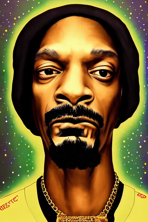 Prompt: Portrait of snoop dog as gangster, elegant, photorealistic, highly detailed, artstation, smooth, sharp focus, gold ornaments, neon lighting, sci-fi, art by Klimt