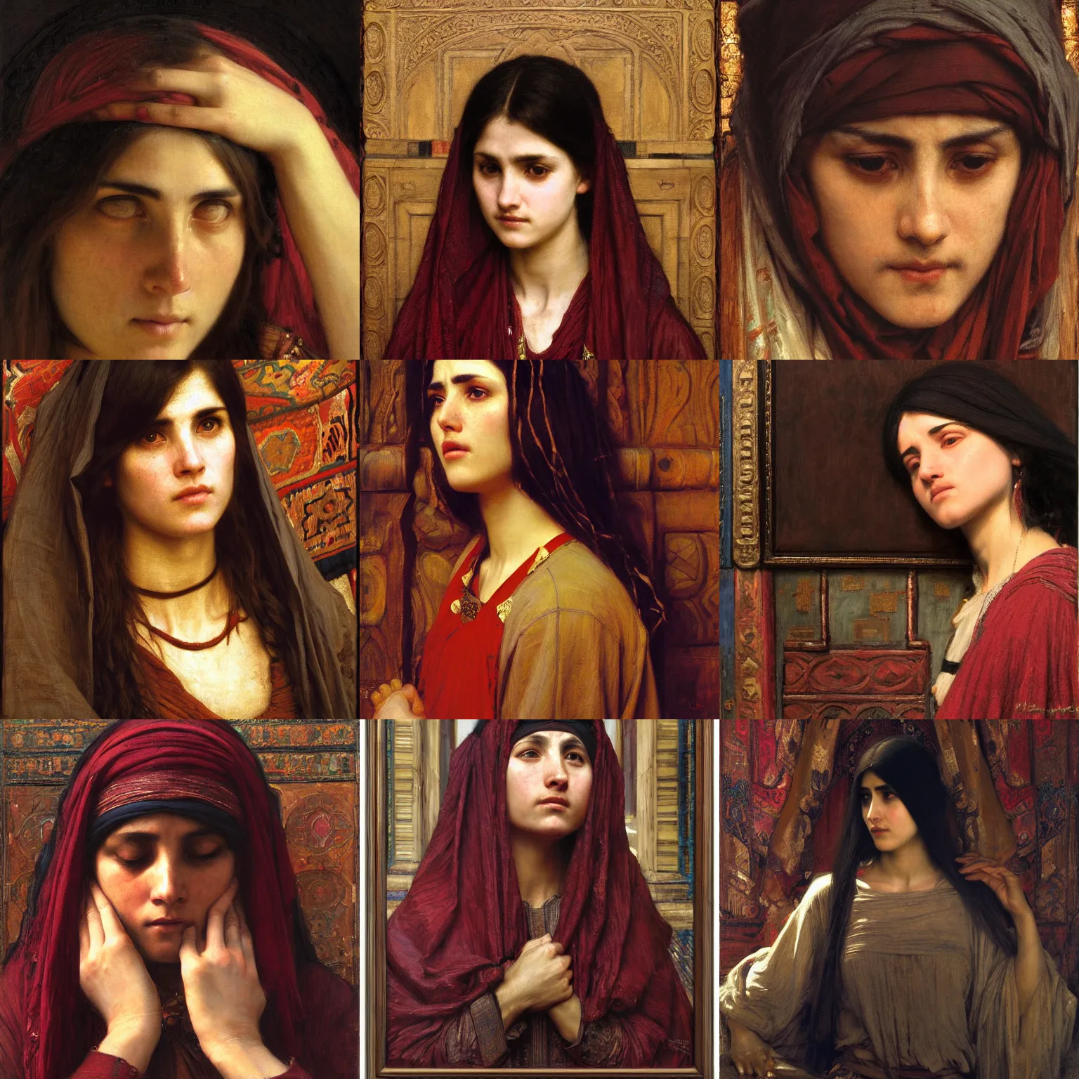 Prompt: weeping pilgrim orientalist intricate portrait by john william waterhouse and Edwin Longsden Long and Theodore Ralli and Nasreddine Dinet, oil on canvas. Cinematic, hyper realism, dramatic lighting, high detail 8k