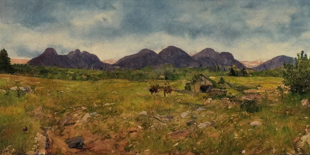 Image similar to dramatic swedish country side, mountains in the background, dramatic lighting, in the style of carl larsson