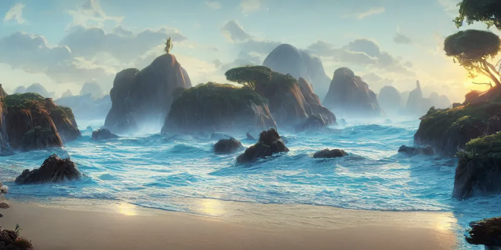 Image similar to illustration of the shore on a beautiful morning, Pixar and Disney animation, sharp, Rendered in Unreal Engine 5, art by Greg Rutkowski, Bloom, dramatic lighting, sunrise