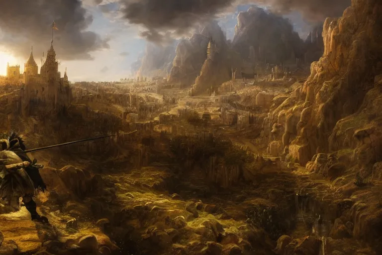 Prompt: an ultra detailed matte landscape painting of king richard the lionhearted as a shonen anime protagonist attacking jerusalem, 8 k, highly detail, digital painting, sharp focus, artstation, and rembrandt, volumetric lighting, art by albert bierstadt and greg rutkowsi