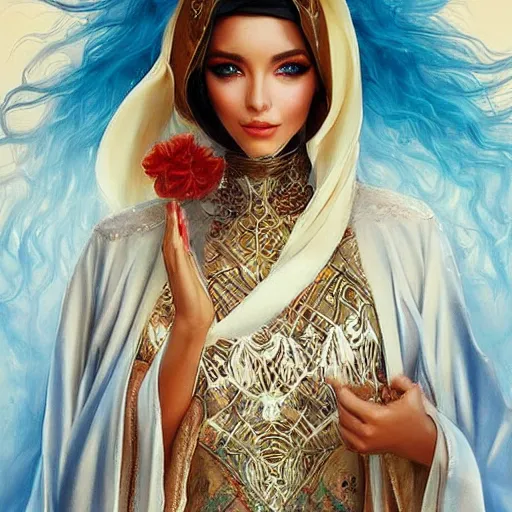 Image similar to a beautiful arabian woman wearing a white kaftan by karol bak, ayami kojima, artgerm, arabian beauty, blue eyes, smile, concept art, fantasy