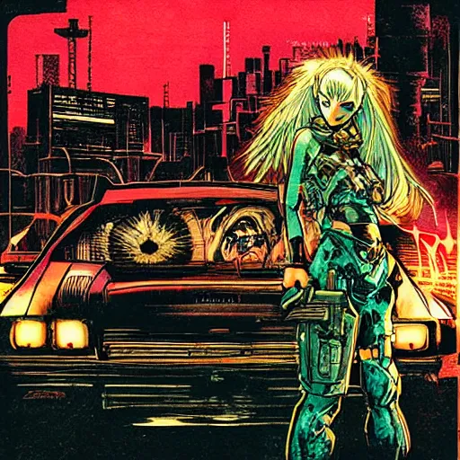 Image similar to android, killer - girl on car, 1 / 6 katsuya terada, style of cyberpunk, night, city,