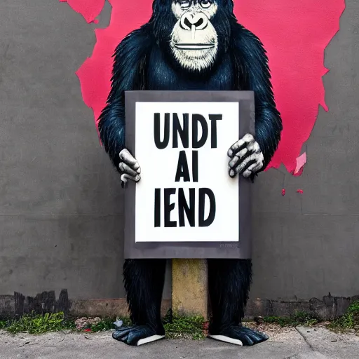 Prompt: an ape holding a sign that says the end is near in the style of banksy, an ultrafine detailed painting by james jean, behance contest winner