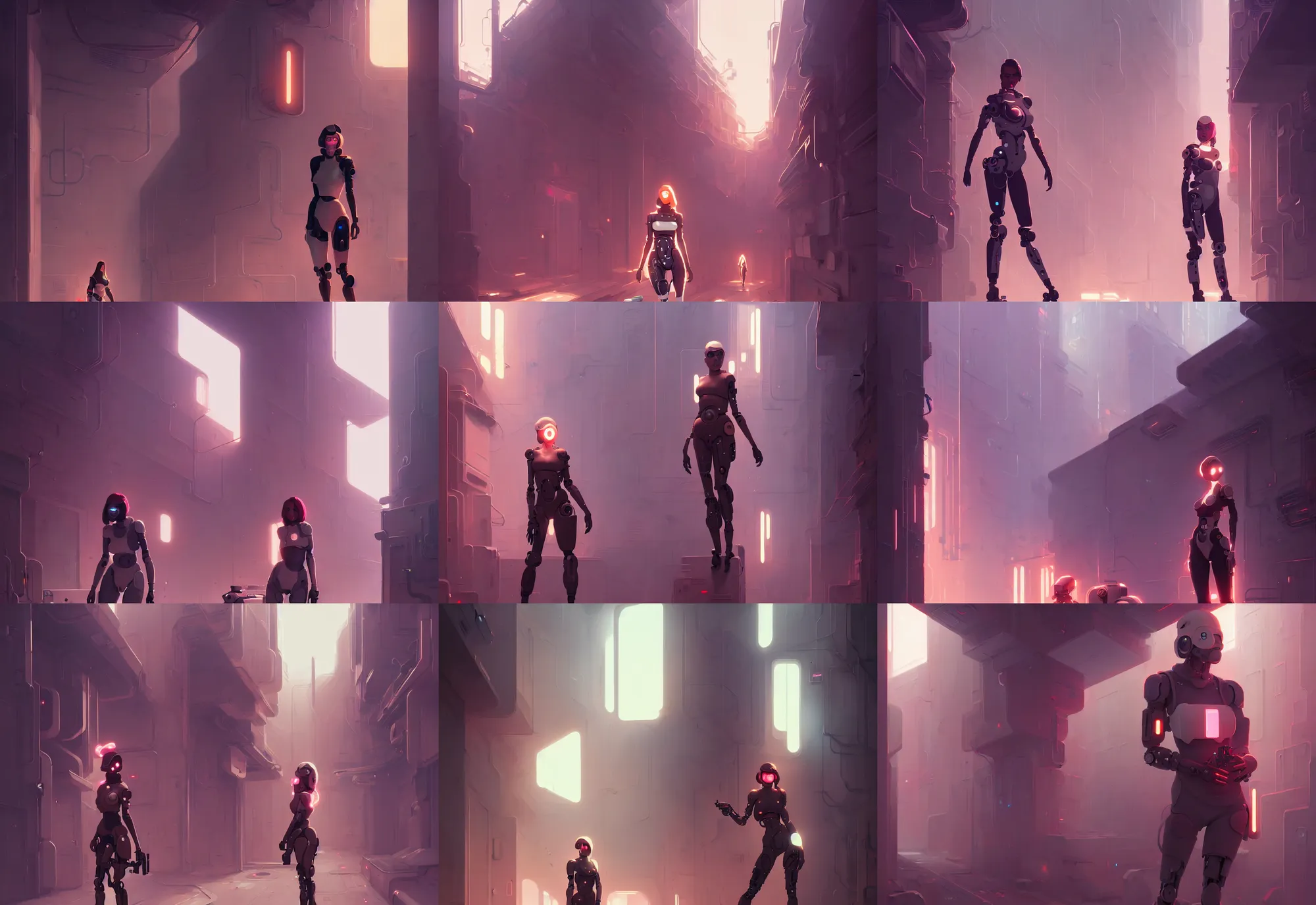 Prompt: portrait of futuristic cyborg woman standing in an alley, dystopia, fantasy, by atey ghailan, by greg rutkowski, by greg tocchini, by james gilleard, by joe gb fenton, dynamic lighting, gradient baby pink, brown, blonde cream and white color in scheme, grunge aesthetic