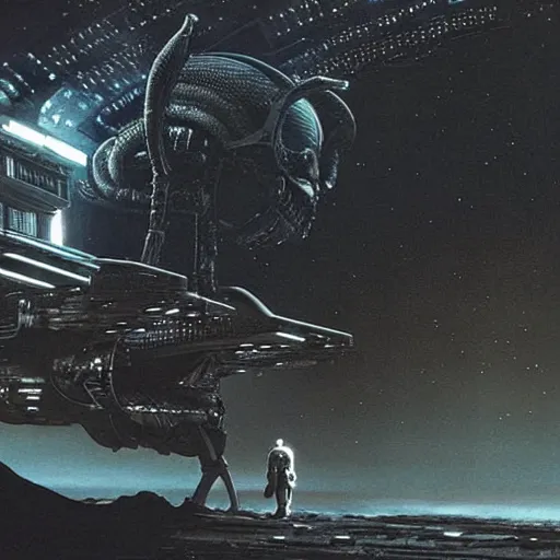 Prompt: the huge Nostromo spaceship landed on a dark and cloudy planet, very detailed, Alien movie by Ridley Scott