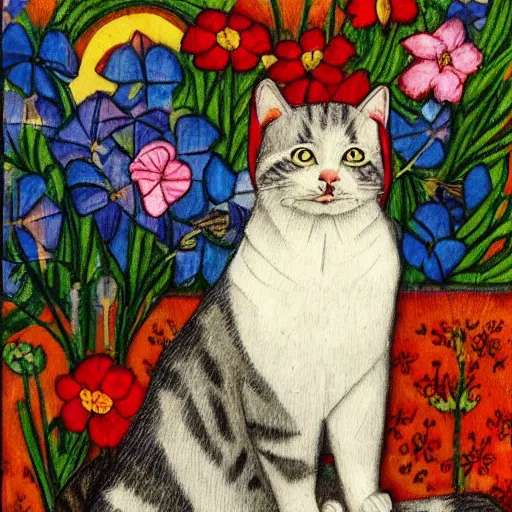 Image similar to cat with lute, flowers in the background, medieval portrait, colorful, medium shot