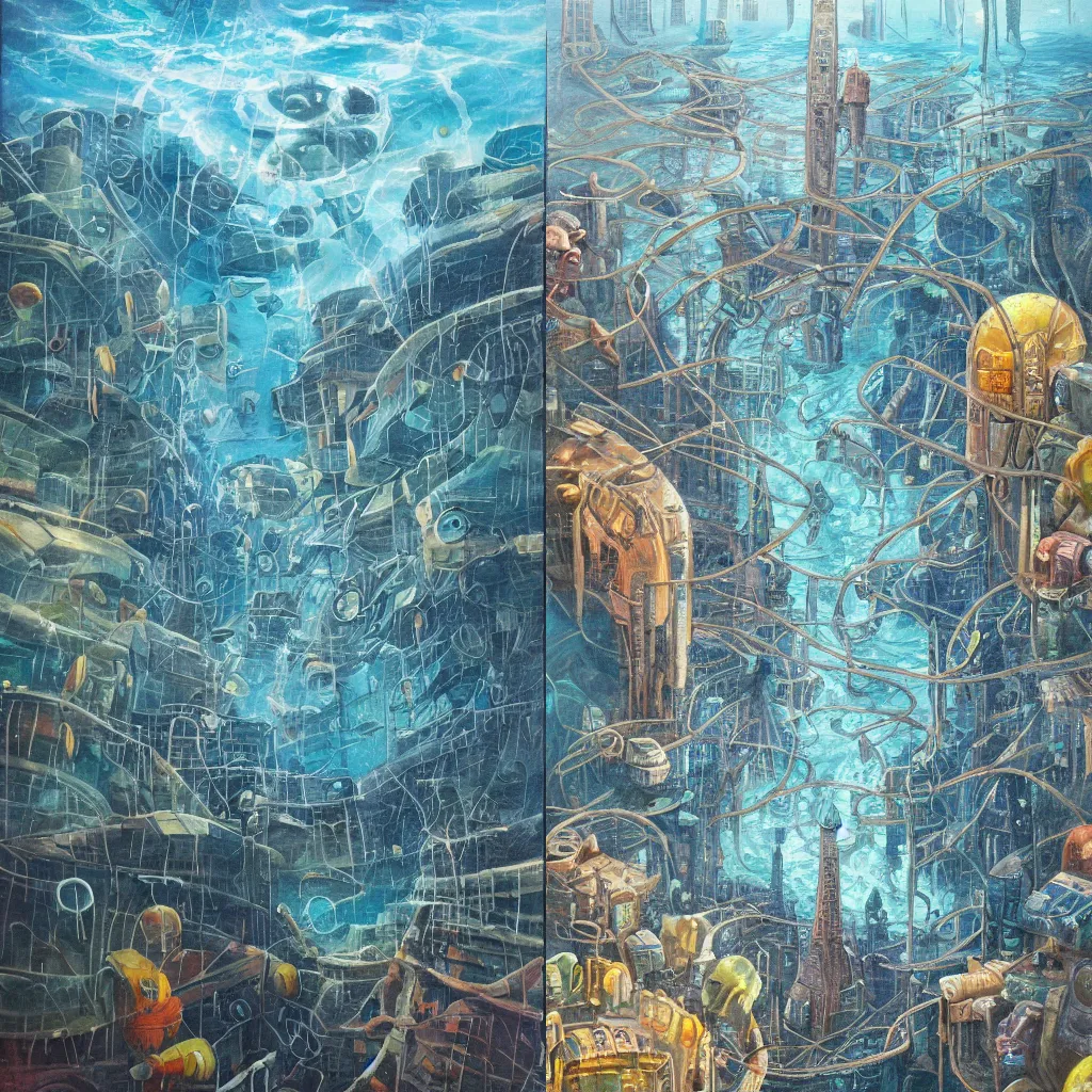 Prompt: an underwater city with a failing force field water is starting to flood the city sparks dance across the surfaces the city pushes upwards fighting the flow of both water and time, oil painting, comic artwork, glossy