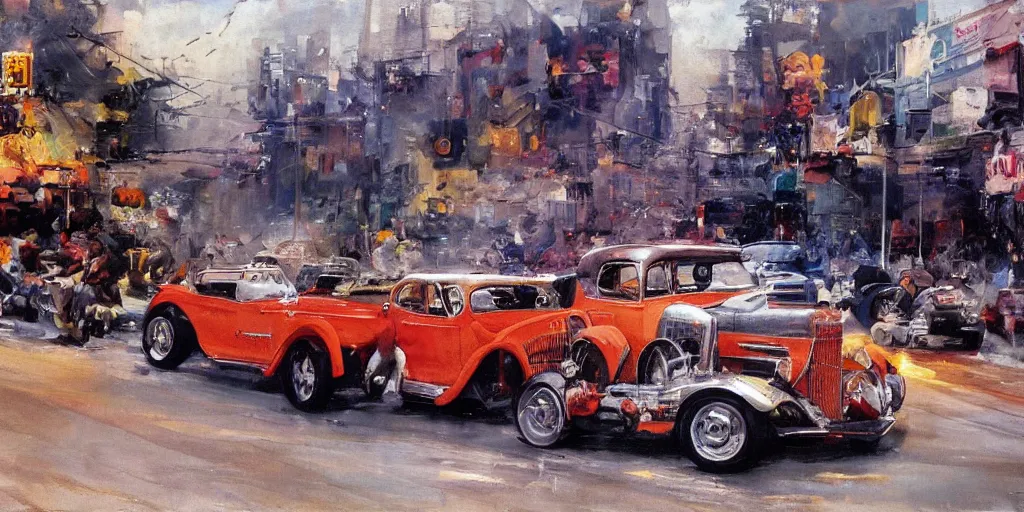 Image similar to hotrods driving down a street , vintage, highly detailed, 4K, by John Berkey