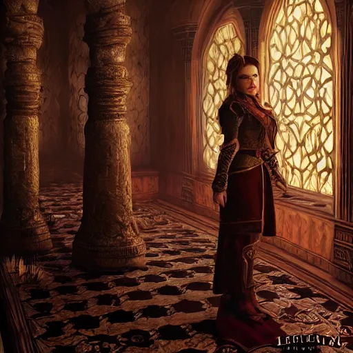 Image similar to the elder scrolls vi, charismatic regal brunette female jarl, portrait, throne room, atmospheric lighting, painted, intricate, volumetric lighting, beautiful, daytime, sunny weather, slight overcast, sharp focus, deep colours, ultra detailed, by leesha hannigan, ross tran, thierry doizon, kai carpenter, ignacio fernandez rios