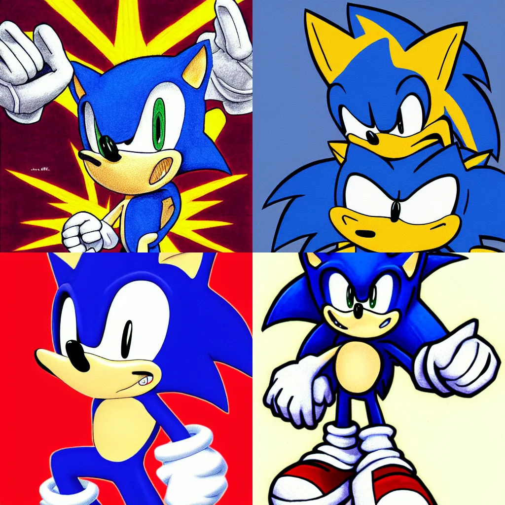 Prompt: sonic the hedgehog, drawn on Ken Sugimori, digitally colored, ink on paper