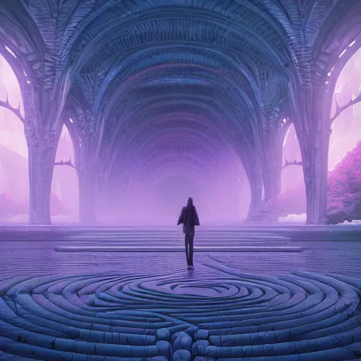 Prompt: a ultradetailed beautiful concept art of the unconscious labyrinth filled with countless path to the depth of the mind, dramatic lighting, dynamic lighting, cinematic lighting, purple color scheme, concept art, high resolution 4 k, by raphael lacoste and beeple and andreas rocha and artgerm