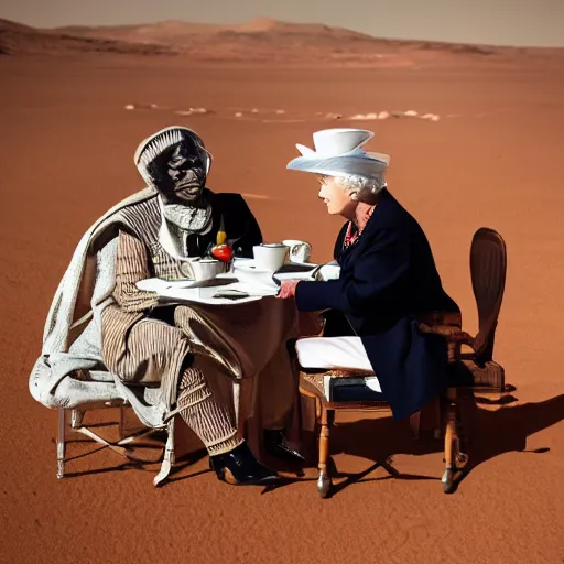 Prompt: thomas pesquet having tea with the queen of england on mars, award winning photography, trending on 5 0 0 px