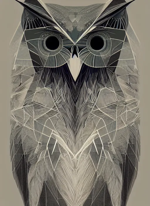 Image similar to portrait of a geometric owl, identical eyes, medium shot, illustration, full body made of white feathers, symmetrical, art stand, super detailed, cinematic lighting, and its detailed and intricate, gorgeous, by peter mohrbacher