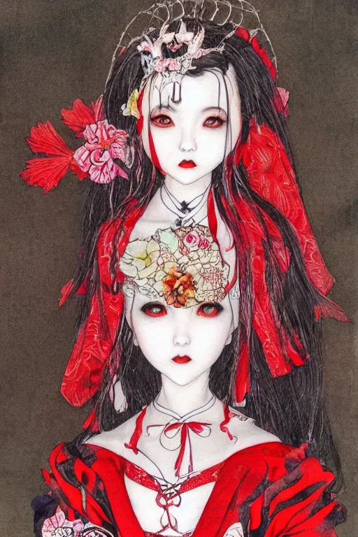 Image similar to watercolor painting of an avant - garde japanese bjd geisha vampire queen in a victorian lolita fashion red dress in the style of lovecraftian horror painted by yoshitaka amano, takato yamamoto, ayami kojima, dmt art, symmetrical vogue face portrait, intricate detail, artstation, cgsociety, artgerm, rococo