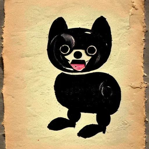Image similar to a cute retro black pomeranian robot!!!!!! ( ( ( alcohol ink on parchment, muted colors, shading!!!, detailed, textured parchment background, 1 9 5 0 s concept art ) ) )
