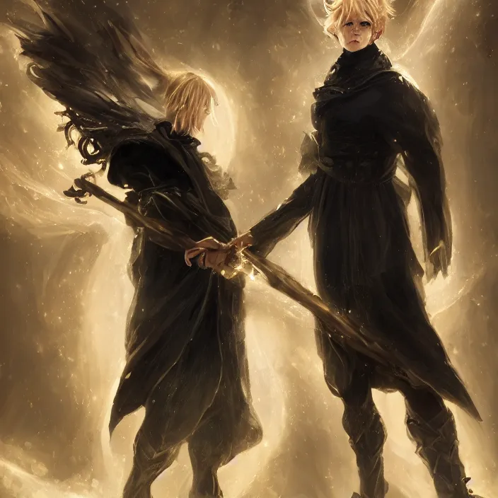 Prompt: Young, handsome wizard with a blonde ponytail wearing exquisite black robes, a spider cloak and wielding a legendary staff of light. Magic, bright lighting, flux. High fantasy, digital painting, HD, 4k, detailed.