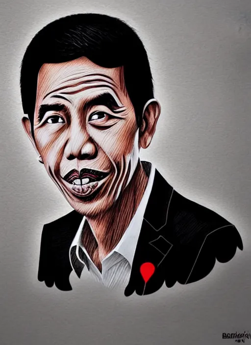 Image similar to a portrait of jokowi, fine - face, by basuki abdullah and raden saleh, banksy and kentaro miura style, trending on art station