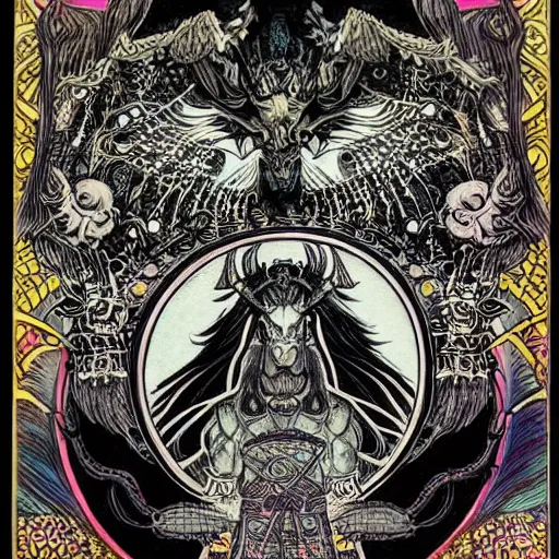 Image similar to black paper + tarot card + Giant Muscular Baphomet wearing Samurai outfit, vintage detailed fantasy illustration painted by Chie Yoshii + psychedelic black light style + intricate ink illustration + symmetry + bloodborne