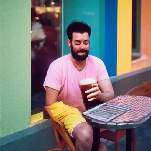 Prompt: a photo of a man sitting outside a restaurant, he is holding a computer, his friend is offering him a beer, pastel background colours and square lighting structures in the background. 2 0 0 mm, bokeh, kodak ektar 1 0 0, portrait photography,