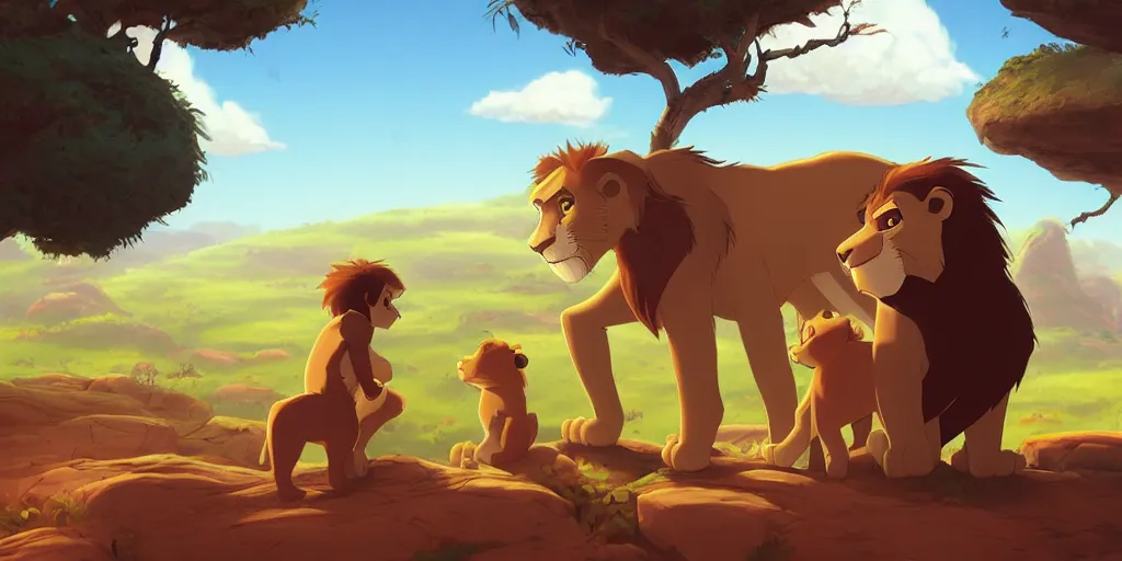 Prompt: concept art by sylvain sarrailh of a single boy wearing a backpack meeting a friendly lion in the style of lion king, forest, studio ghibli