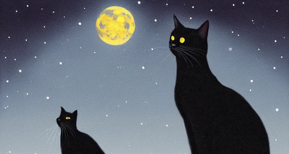 Image similar to black cat with glowing eyes looking up at the moon in a very dark open field at midnight with fireflies in the air and lots of stars in the sky, digital painting, highly detailed, magical, beautiful