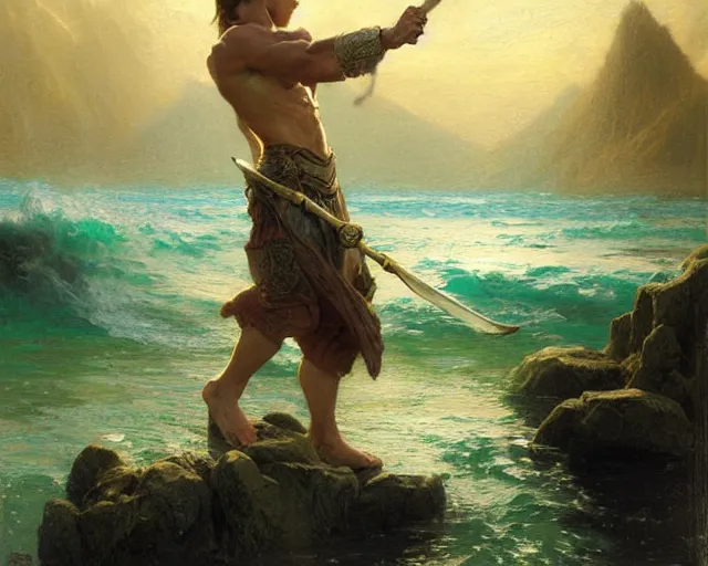 Image similar to attractive male wizard casting powerful tsunami wave spell in a beautiful lake. highly detailed painting by gaston bussiere, craig mullins, j. c. leyendecker 8 k