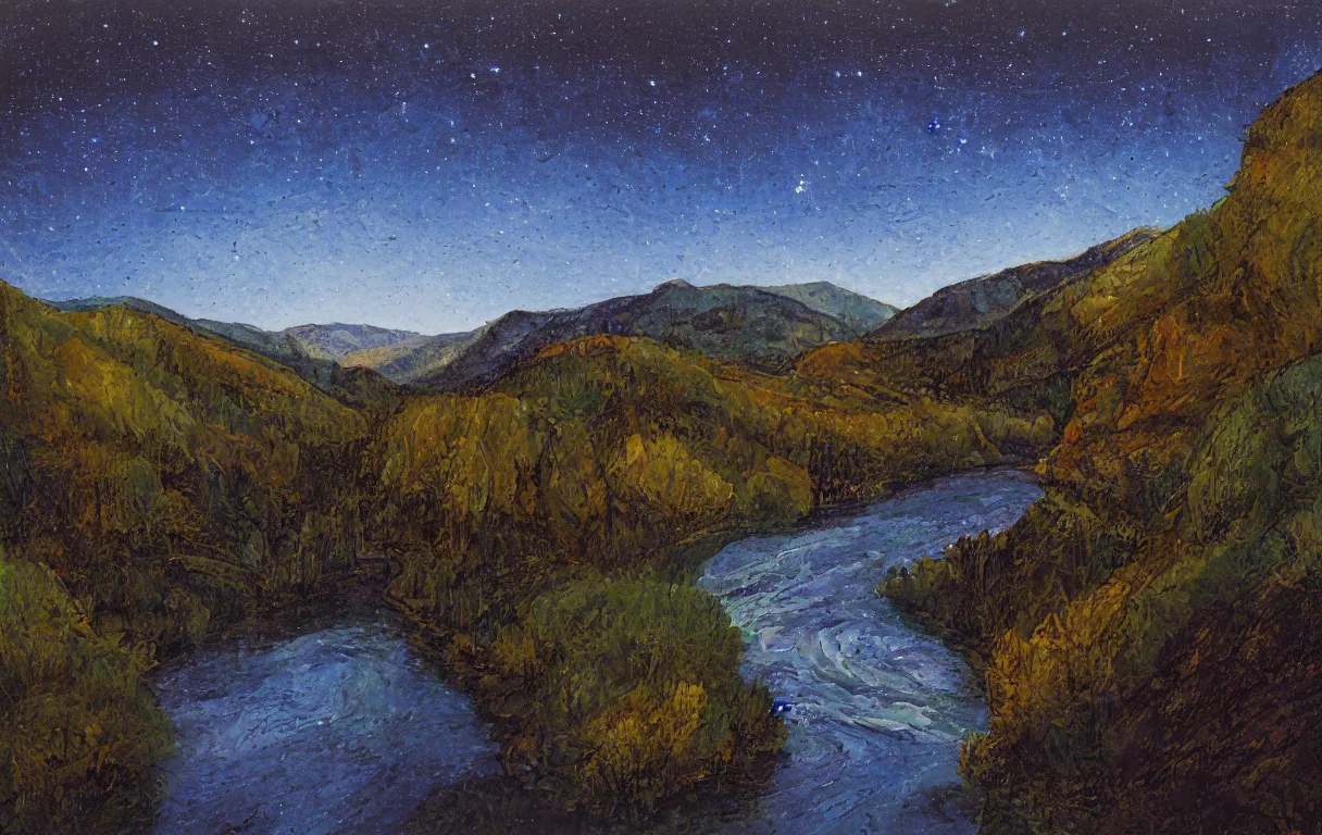 Prompt: Realist colorful impasto painting of the Salmon River forested mountain valley at midnight by John Harris, stars in the inky black sky reflect on the darkest blue river surface, 4k scan, HDR, Kodak Portra 400, film grain, oil on canvas, visible brushstrokes