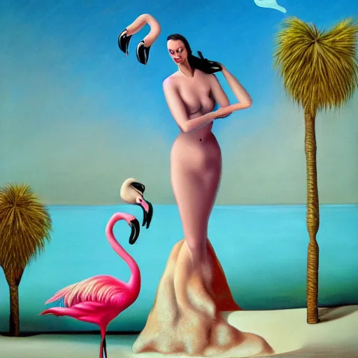 Image similar to A surreal oil painting of a puzzle containing a beautiful woman and Flamingos on a desert beach oasis by Salvador Dali, dark vibes, pastel lighting, high contrast, cinematic, depth of field