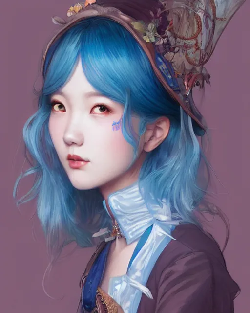 Image similar to symmetrical portrait of a pretty korean girl with blue hair dressed as alice in wonderland, digital painting, 8 k, concept art, art by wlop, artgerm, greg rutkowski and alphonse mucha