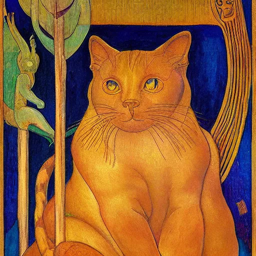 Image similar to painting of a cloisonne cat sculpture, by annie swynnerton and diego rivera and nicholas roerich and jean delville, symbolist, dramatic lighting, god rays, art brut, rich colors, smooth, sharp focus, extremely detailed, adolf wolfli and ( donato giancola and bilibin )