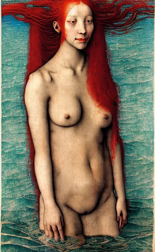 Prompt: portrait of a robot girl with long red hair and tattoo, under water, very beautiful enga style, girl wrapped in color, photorealism albrecht durer george copeland ault